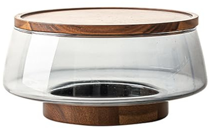 drburpily Saladier en verre transparent sur socle en bois Présentant des ingrédients frais Plateau à fruits verre d'acacia Saladier Plateau à fruits pied haut Base et couvercle, tapez+3