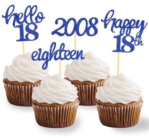 24 Pcs Glitter 18th Birthday Decoration Cupcake Toppers (Bleu-2008) | 18th Cake Decorations, 18th Birthday Decoration, 18th Birthday Party Supplies