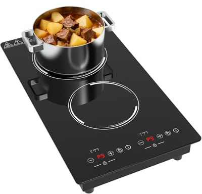 GTKZW Plaque Induction 2 Feux 3000W, Domino Plaque de Cuisson Électrique Encastrable ou Pose Libre, Réchaud avec Minuterie et 9 Niveaux de Puissance pour Camping-Car, Studio et Petite Cuisine