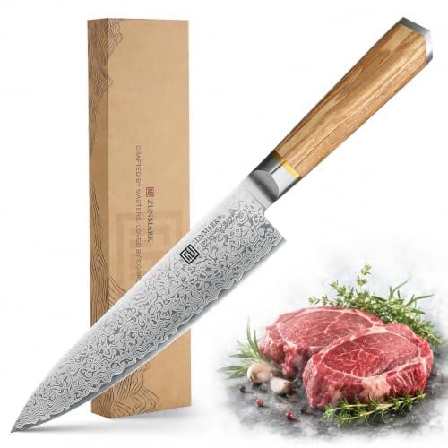 8 Inch Chef Knife, 67-Layer Damascus Steel Kitchen Knives with 10Cr15CoMoV Premium Steel Core, Hybrid Diamond-Oval Olive Wood Handle Japanese Knife, 13° Blade Ultra-Sharp Cooking Knives, Gift fo r Him