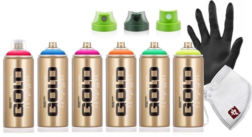 Montana GOLD Sprühdosen Set 400 ml – 6 Farben Neon Grün Pink Orange Blau Rot Gelb – inkl. 3 Sprühköpfe, Schutzmaske und Nitrilhandschuh – Künstler Spray Paint für Graffiti, Street Art und DIY