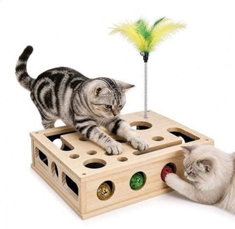 Katzenspielzeug, Selbstbeschäftigung Intelligenz Katzen Spielzeug Holz | Katzenspielzeug Interaktiv Puzzle Spielzeug, Kratzpuzzle Spielbox Holz mit 3 Bälle und Katzenangel, Fummelbrett für Katzen