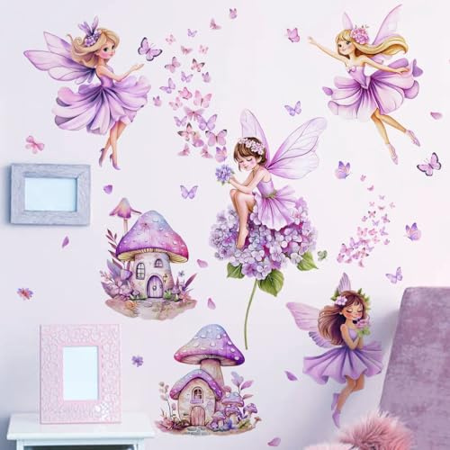 WandSticker4U®- Wandtattoo FEE und SCHMETTERLING Lila (101x68 cm) I Wandtattoo Kinderzimmer Mädchen Feen Elfen Blumen I Wandsticker Kinderzimmer Deko Mädchen Prinzessin
