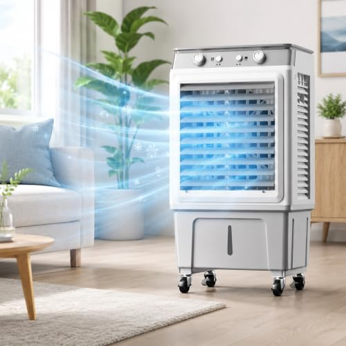 Raffrescatore evaporativo portatile senza tubo scarico, condizionatore ad acqua silenzioso 80W serbatoio 30L, 3 velocità oscillazione automatica, raffredda 20-25 m² interno ed esterno 45 * 33 * 83cm