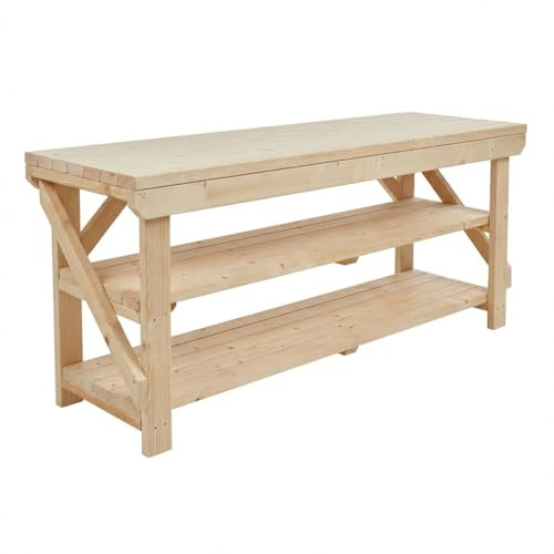 Arbor Garden Solutions 7ft Heavy Duty All-Timber Workbench - 38mm Solid Wood Top and Double Shelf - 64cm Deep Static Acorn Work Table (210cm)