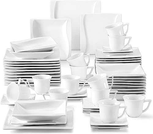 MALACASA, Serie Carina, 60 tlg. Cremeweiß Porzellan Geschirrset Kombiservice Tafelservice mit je 12 Kaffeetassen, 12 Untertassen, 12 Dessertteller, 12 Suppenteller und 12 Flachteller