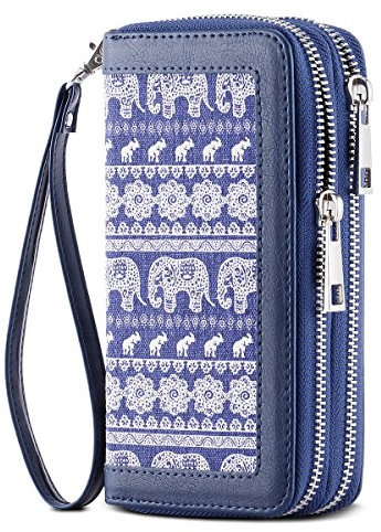 HAWEE Damen Lange Clutches Geldbörse Handschlaufe Portemonnaie Doppelter Reißverschluss Brieftasche Handy Geldbörse mit Mehreren Karten Slots für Münzen Bargeld Rechnung