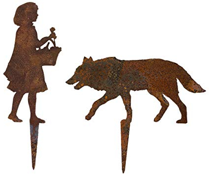 Rotkäppchen und der böse Wolf Blumenstecker im Rost Design, Rostfigur für den Garten, Gartendeko