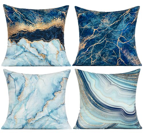 VAKADO Kissenbezug 45x45 cm Kissen Kissenbezüge Kissenhülle blau sofakissen deko Kissen Marmor Samtkissen Dunkelblau Golden Couchkissen Dekorative 4er-Set für Wohnzimmer Terrassenmöbel Auto Büro