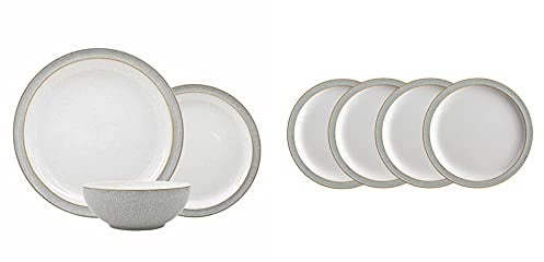 Denby 380048781 12 Piece Dinner Set, Grey & 380048903 Elements Light Grey 4 Piece Small Plate Set