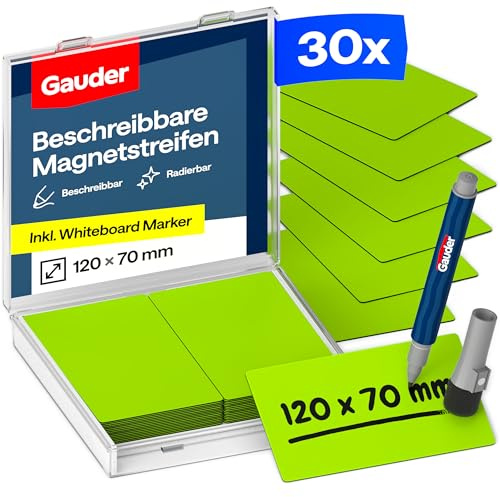 GAUDER Magnetstreifen beschreibbar, Magnetschilder (30 Stk, 120x70mm) | Magnetschilder zum Beschriften, beschreibbare Magnete zum Beschriften, Magnetetiketten für Kanban Board, mit Marker