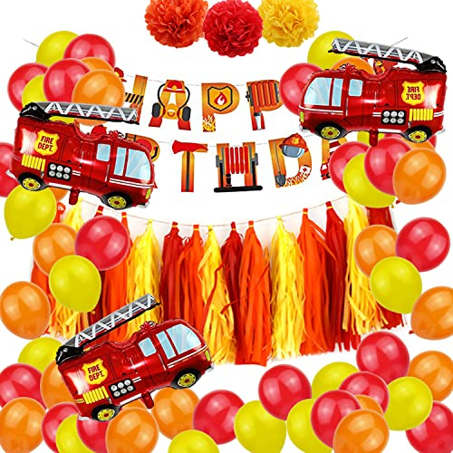 55 Stück Feuerwehr Thema Deko, Party Dekoration, Kindergeburtstag Feuerwehrauto Deko, Geburtstagsfeier Dekorationen für Babyparty und Geburtstag