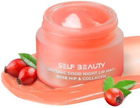 SelfBeauty Lip Mask - Rosehip & Collagen, Vegan Lip Balm, Lip Moisturizer, Overnight Hydrating Lip Treatment with Collagen Peptide, Lip Scrub Exfoliator Intensive Lip Repair, 0.51fl.oz