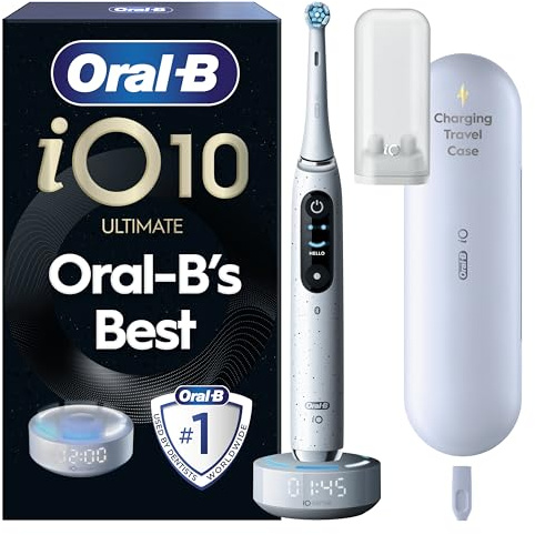 Oral-B iO10 Electric Toothbrush for Adults, 1 Handle, Stardust White - 1 Ultimate Clean Brush Head, Charging Travel Case, 7 Modes, Rechargeable Toothbrush, UK 2 Pin Plug