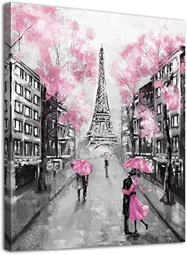 ARYEWDY Pariser Straße Leinwand Wandkunst Paare Rosa Bäume Moderne Leinwandbilder Retro Schwarz-Weiß-Gebäude Leinwandkunst für Bad Schlafzimmer Wohnzimmer Büro Zuhause Wanddekoration 30x40cm