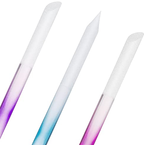 Lot de 3 repousse-cuticules en verre - Limes de précision professionnelles - Surface abrasive - Kit de salon de manucure double face - Bâton de manucure pour femme (bleu, rose, violet)