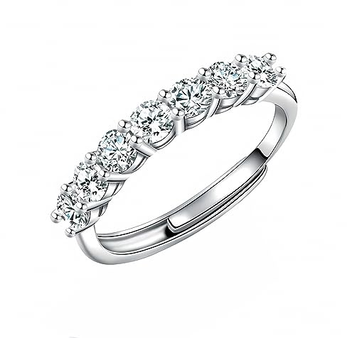 IUDWCG -1 Pcs Anello da donna, anello in oro bianco con sette diamanti pieni, anello aperto regolabile in rame antiallergico, un regalo per una ragazza o una madre affascinante, argento