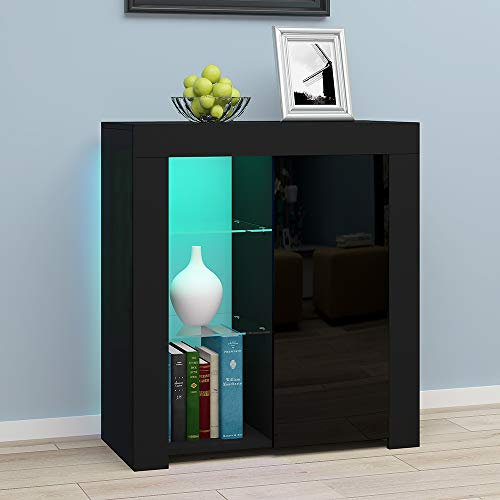 Panana Sideboard mit LED Beleuchtung Hochglanz Wohnzimmer, LED Kommode (12 Farben können eingestellt Werden), Wohnzimmermöbel Wohnzimmerschrank Standschrank B75xH83xT35cm (Black)