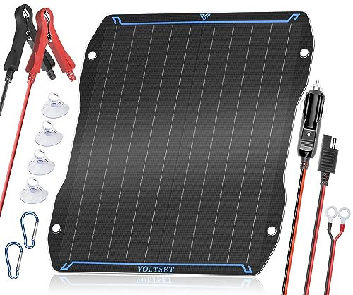 Voltset 20W Solar Car Battery Charger, 12V ETFE Portable Waterproof Solar Power Trickle Battery Charger & Maintainer for Car, Boat, RV, and Motorcycles with Cigarette Lighter & Alligator Clips