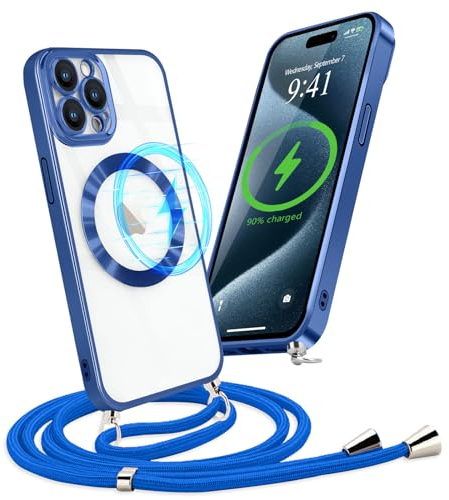 Micoden Magnetische Handykette für iPhone 15 Pro mit Band [Kompatibel mit MagSafe] Kameraschutz Galvanik Transparent Silikon Case Abnehmbar Kordel zum Umhängen Handyhülle Schutzhülle,Blau
