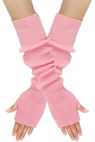 Suxgumoe Fingerlose Handschuhe Damen, Lange Winter Damen Armstulpen, Strick Pulswärmer mit Daumenloch Gestrickte Armwärmer für Damen Mädche (Rosa)