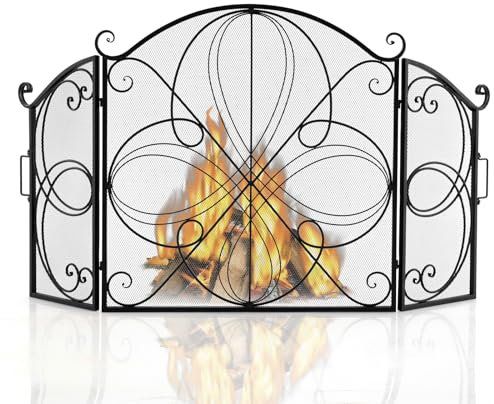 TANGZON 3 Panel Folding Fire Guard, 151 x 83cm Large Fireplace Screen with Handles & Flexible Hinges, Wrought Iron Mesh Spark Flame Barrier Fire Panels for Wood and Coal Firing Stoves Grills