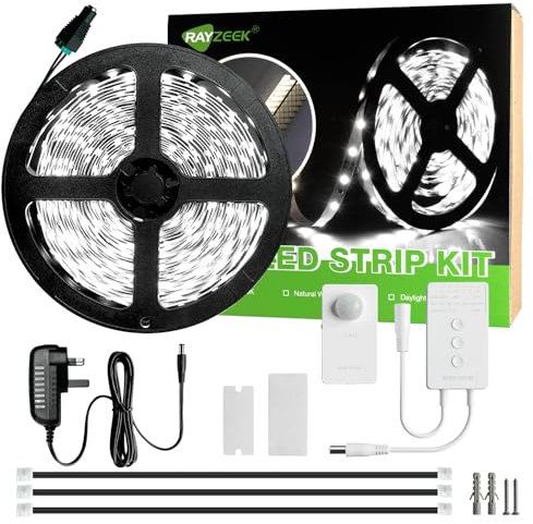 RAYZEEK Motion Sensor LED Strip Lights,19.7FT Dimmable,DC12/24V Wireless Motion Sensor Switch Safe for Staircase, Wardrobe, Cabinet(Cool White 6000K) No Include Batteries
