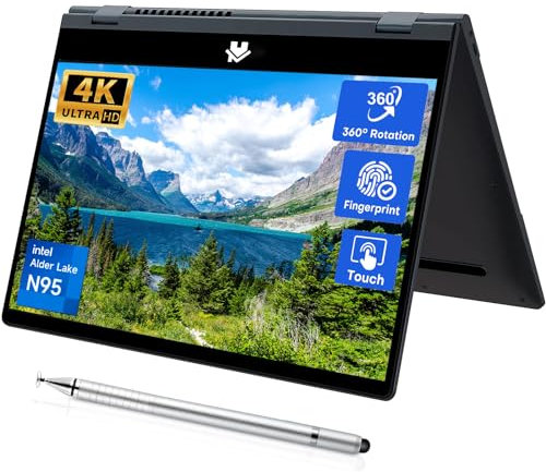 LONGEVINCE 14'' 2 in 1 Touchscreen Laptop,2560 * 1440 IPS LCD,Celeron N95(up to 3.4GHz), 16GB DDR4, 360°Open and Close with Stylus Pen, Backlit Keyboard,Fingerprint Unlock,2.4G/5G WiFi (16G+512GB SSD)