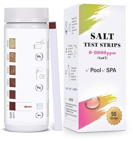 Medición de salinidad de piscina para piscina de agua salada: 50 tiras de prueba para piscina de agua salada fácil medir la salinidad 0-8000ppm para el agua de la piscina de hidromasaje