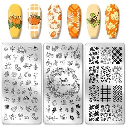 PH PandaHall Fall Thanksgiving Theme Nail Stamping Plate 88 Patterns Stainless Steel Nail Template 3PCS Leaves Pumpkins Plaid Autumn Blessing Nail Art Plate for Nail Art Design 12x6cm
