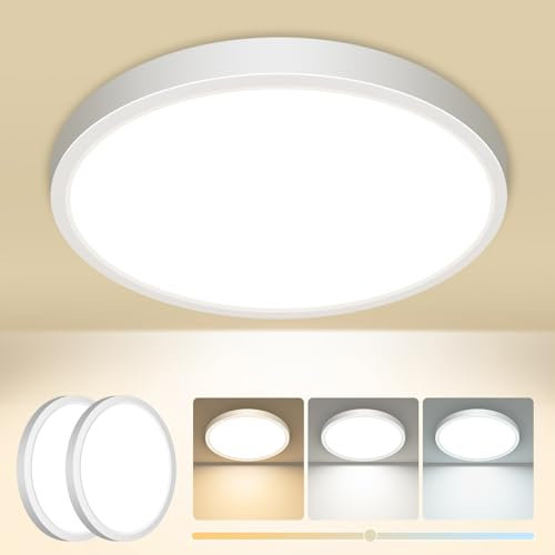 Slochi 2Stück Deckenlampe LED Deckenleuchte Flach, 3Farben 3000K/4000K/6500K, IP44 Wasserfest Rund Badlampe Decke, 12W 1600LM Modern LED Lampen für küche Badezimmer Schlafzimmer Flur Wohnzimmer, Ø16CM