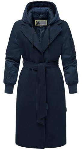 MARIKOO Damen warmer langer Übergangsmantel in angesagtem Materialmix mit abnehmbarer Kapuze und Binde-Gürtel Tjadee 16 Navy Gr. L
