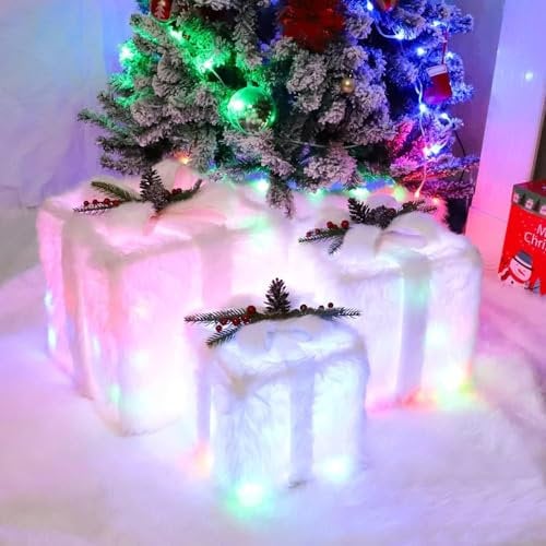 Christmas Lighted Gift Boxes Presents Set of 3, White Plush Light Up Present Gift Boxes with 80 LED Beads, Xmas Tree Parcel Gift Box Under The Xmas Tree for Indoor Outdoor Decorations