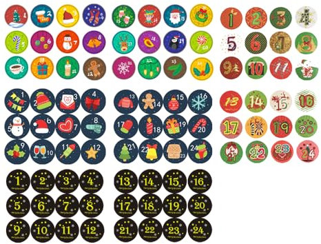 CZAKOMIX 8 Stil Adventskalender Zahlen Aufkleber, 48 Stück Aufkleber Weihnachten, Adventskalender Sticker 1-24, für Weihnachten Kalender zum Selber Basteln, Geschenkverpackungen, Party Dekoration