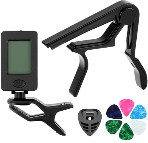 QWORK® Accordatore per ukulele, basso, violino e chitarra acustica, incluso capotasto per chitarra, plettri, porta plettro, batterie non incluse