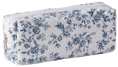 Pencil Case Office College School Storage Bag Pouch Holder Box Organizer Makeup Pouch Cosmetic Bag Aesthetic Cute Pen Case for Girls Boys Kids (Blue flower)