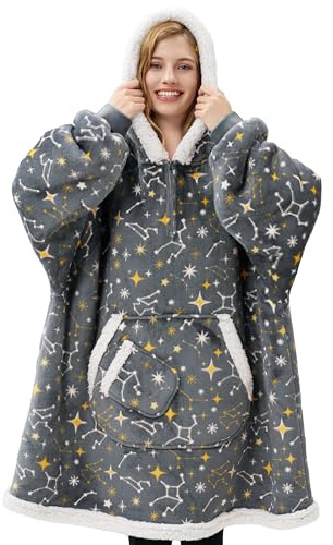 Giggling Getup Kuschelpullover-Decke für Erwachsene – Geschenk für Teenager-Mädchen, Schwestern & Frauen, Sherpa Fleece Hoodie-Decke mit Ärmeln und Tasche, Graue Glitzersterne