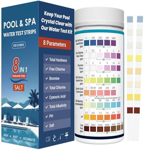 Bandelettes Piscine 8-en-1 pour Piscine et Spa – 100 Tests Sel, pH, Chlore, TAC, Dureté, Brome, Acide Cyanurique – Languettes de Test pour Eau Piscine