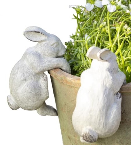 Darthome Set Of 2 Rabbit Pot Hangers, Resin Climbing Bunny Garden Ornaments, Grey Distressed Finish, 6x9x4cm