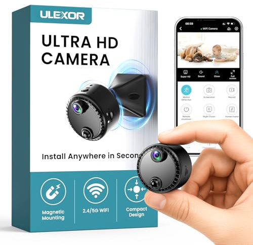 ULEXOR Mini Kamera 4K WLAN Überwachungskamera innen kabellos mit Akku, 2,4/5 GHz WiFi, Live-Übertragung aufs Handy, KI-Personenerkennung, Bewegungsmelder, Nachtsicht, SD & Cloud Speicher