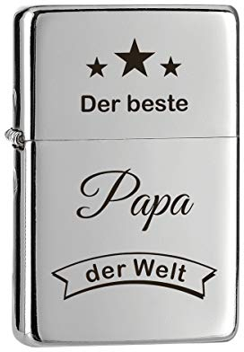 Sturmfeuerzeug mit Gravur Chrom Optik | Der Beste Papa der Welt | Benzinfeuerzeug mit Geschenk Etui - Feuerzeug als Geburtstagsgeschenk - Vatertag für Männer, Vater