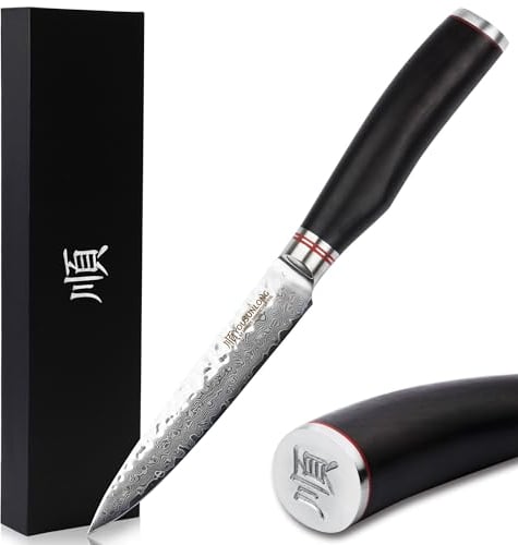 YOUSUNLONG Utility Knives 5 inch Pro Peeling Knives Japanese VG10 Hammered Damascus Steel Natural Ebony Wooden Handle