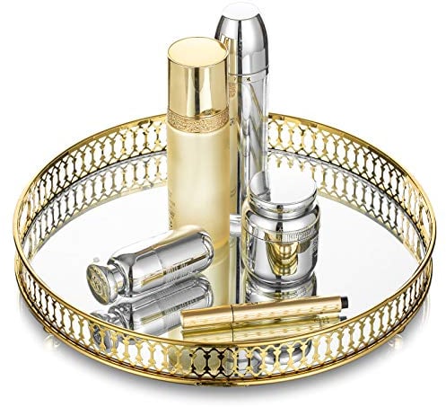 Nuptio Vassoio Profumi a Specchio Dorato: Vassoi Decorativi Tavolo Vetro Vanity Organizer Vassoio Trucco Rotondo Metallo Vintage con Specchio Gioielli Che Serve Camera Letto Bagno Toeletta, 32cm
