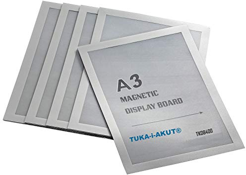 TUKA-i-AKUT 5st. A3 Info-Rahmen Selbstklebend mit Magnetverschluss, Einstecktasche Infotasche Blatthalter, Schnelles Wechseln von Aushängen, Aufklappbarer Magnetrahmen Farbe Silber, TKD8400-A3-5x