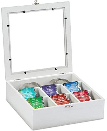 Relaxdays, weiß Teebox Holzoptik, 7 Fächer, Teebeutel Aufbewahrung, Teekiste mit Sichtfenster, HxBxT: 8 x 25 x 25,5 cm, MDF, 8 x 25 x 25.5 cm