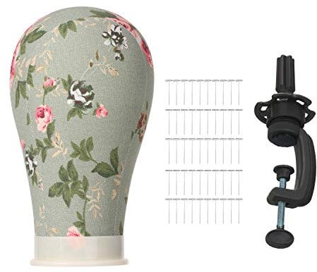Cork Canvas Block Head with 50pcs T-Pins + Training Head Clamp, Wig Head Mannequin Head Wig Display Styling Head Wig Mannequin Head Stand 21~25 Inches