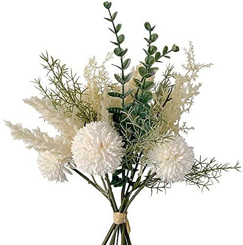 Künstlicher Blumen-Strauß 37 cm creme-weiß als Frühling Sommer Tisch-Deko - Blumen-Gesteck mit künstlichen Dahlien Eukalyptus Deko-Blumen - Kunstblumen wie echt als große Hochzeit Blumen-Deko