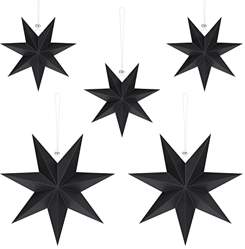 Estefanlo Faltstern Weihnachten, 7 Zacken Faltsterne Schwarz 5 Stück Papiersterne für Weihnachts Deko, 25cm x 3 + 40cm x 2, Sterne Papier zum Fenster Dekoration, Advent, Weihnachtsbaum