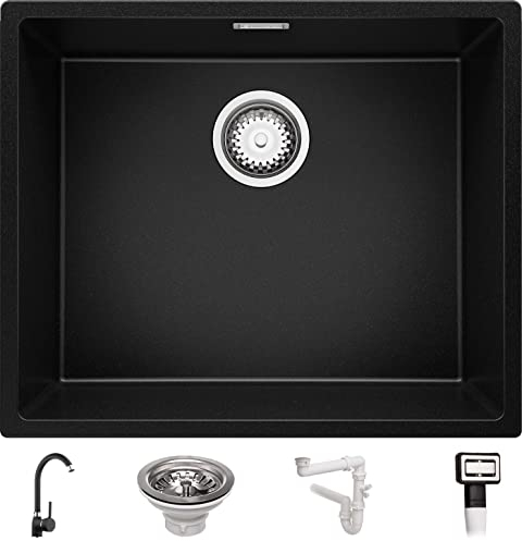 Fregadero bajo Encimera Negro 56x47cm, Fregadero Granito 1 Seno + Sifón + Grifo, Fregadero Cocina al mueble 60cm - London de Primagran