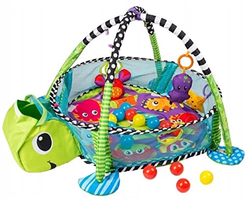COIL Spielmatte mit Spielbogen, Abenteuerdecke, Krabbeldecke, Spielzeug, 30 Bälle inklusive, Laufgitter-Funktion, ab Geburt - Spielebogen Babies Mädchen - Baby Spieldecke Mit Spielbogen (Schildkröte)